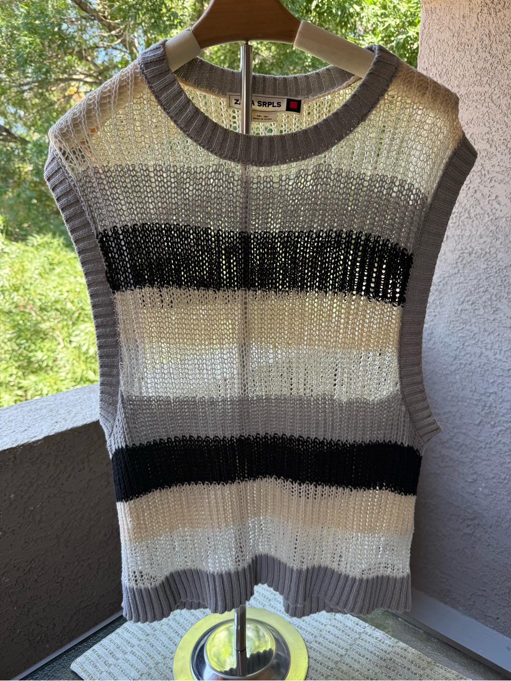 Zara Open-Knit Striped Sleeveless Sweater Vest In Gray, Black, Cream